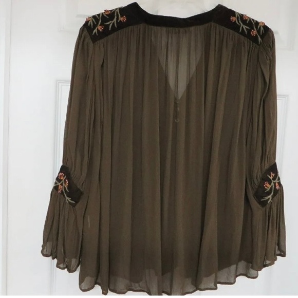 ZARA BASIC Silk Velvet Beads Embroidery Kimono Tunic Top Olive, size XS - Picture 2 of 16